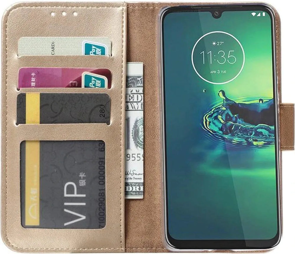 Motorola Moto G8 Plus Hoesjes – Portemonnee Backcover – Pasjeshouder – 2x Screenprotector – Goud-Ilumina Benelux