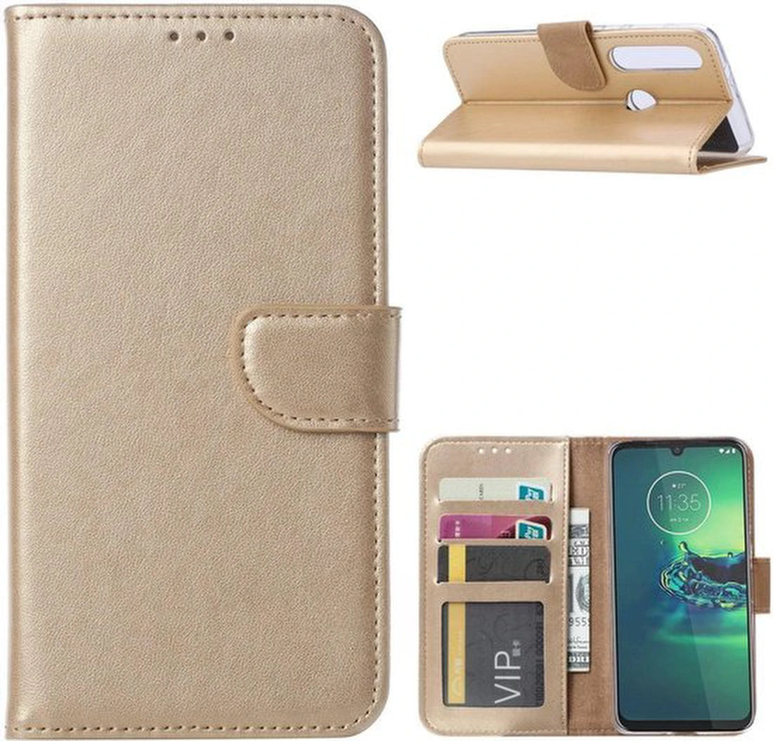 Motorola Moto G8 Plus Hoesjes – Portemonnee Backcover – Pasjeshouder – 2x Screenprotector – Goud