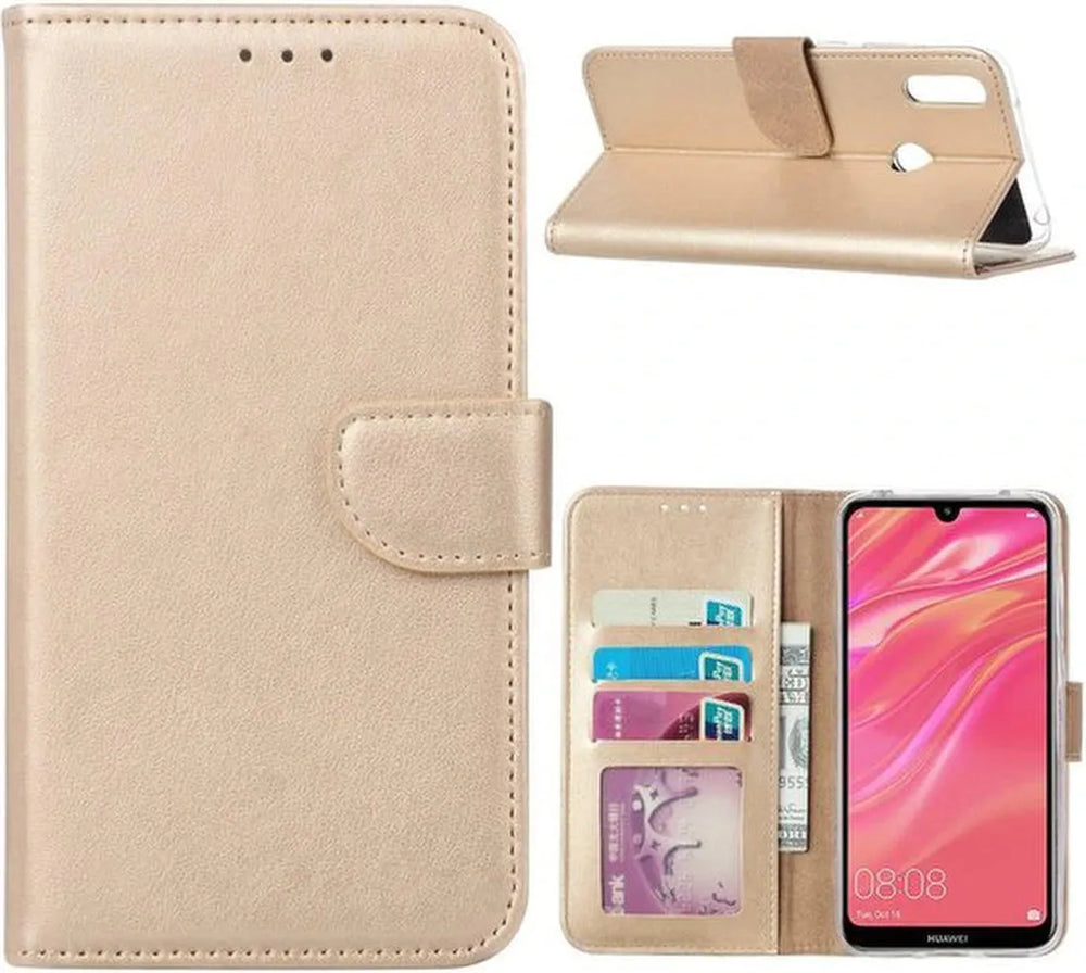 Huawei Y7 2019 Hoesjes – Portemonnee Bookcase – Magneetsluiting – 2x Screenprotector – Goud-Ilumina Benelux
