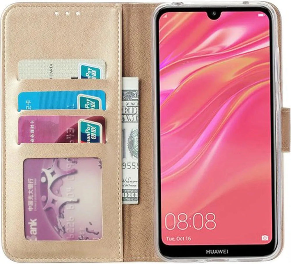 Huawei Y7 2019 Hoesjes – Portemonnee Bookcase – Magneetsluiting – 2x Screenprotector – Goud-Ilumina Benelux