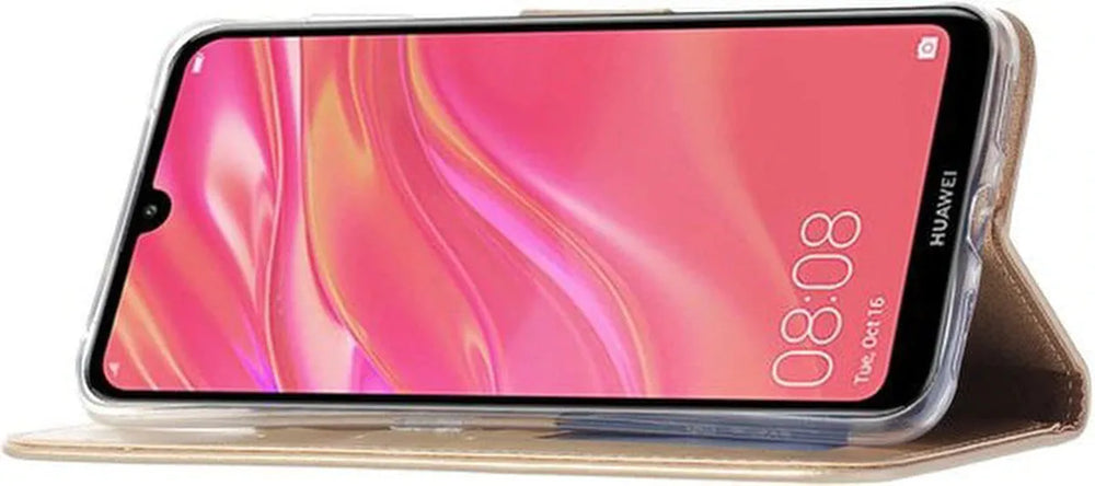 Huawei Y7 2019 Hoesjes – Portemonnee Bookcase – Magneetsluiting – 2x Screenprotector – Goud-Ilumina Benelux