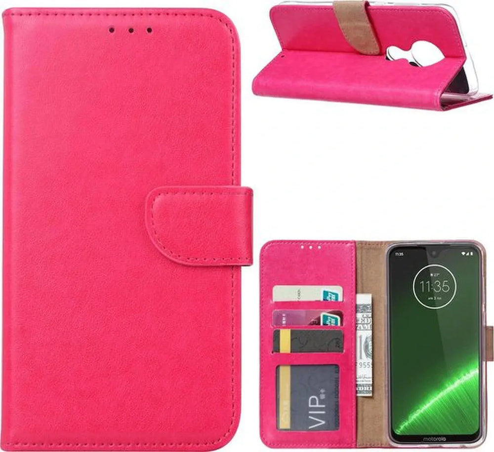 Motorola Moto G7 Power Hoesjes – Portemonnee Hoes – Pasjeshouder – Magneetsluiting – Roze + 2x Screenprotector-Ilumina Benelux