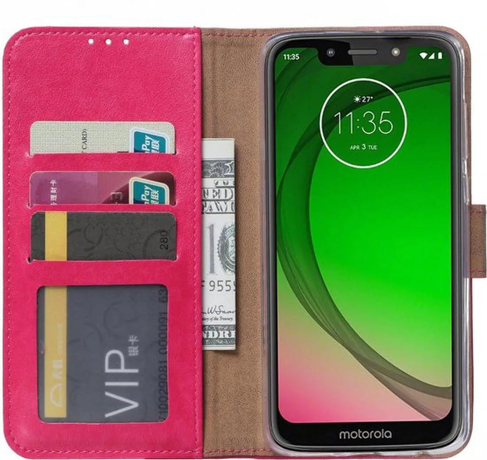 Motorola Moto G7 Power Hoesjes – Portemonnee Hoes – Pasjeshouder – Magneetsluiting – Roze + 2x Screenprotector-Ilumina Benelux