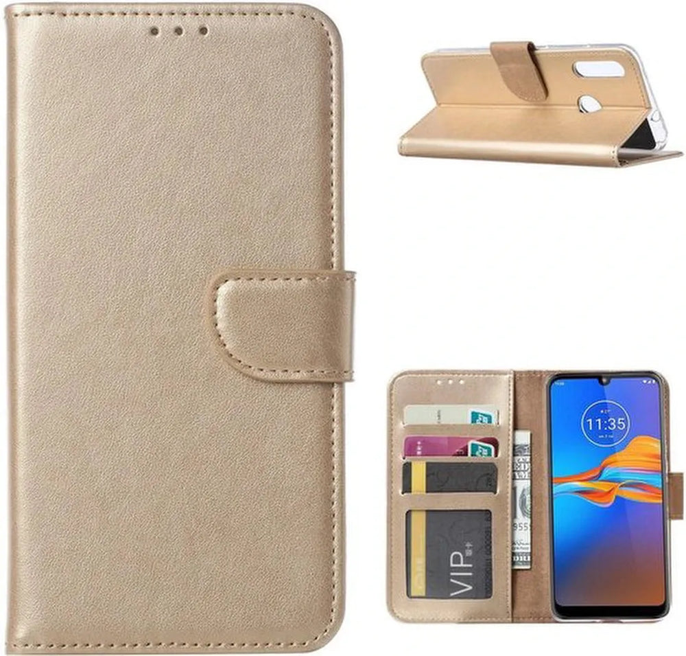 Motorola Moto E6 Plus Hoesjes – Portemonnee Backcover – Pasjeshouder – 2x Screenprotector – Goud-Ilumina Benelux