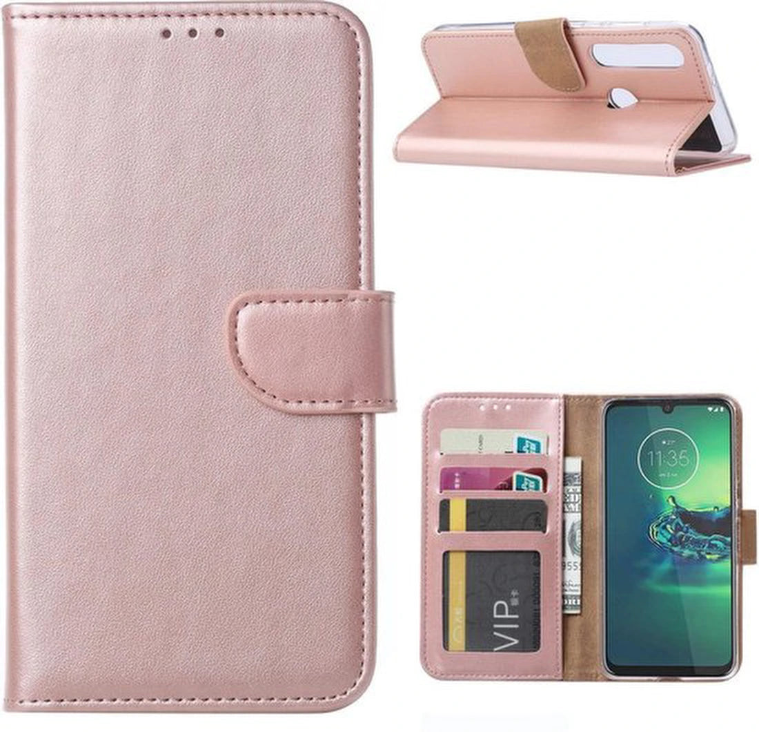 Motorola Moto G8 Plus Hoesjes – Portemonnee Backcover – Pasjeshouder – 2x Screenprotector – Roségoud