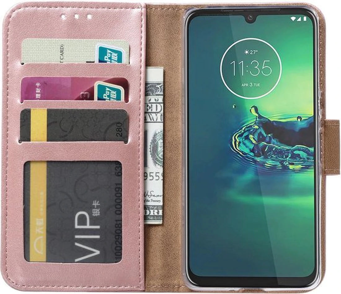 Motorola Moto G8 Plus Hoesjes – Portemonnee Backcover – Pasjeshouder – 2x Screenprotector – Roségoud