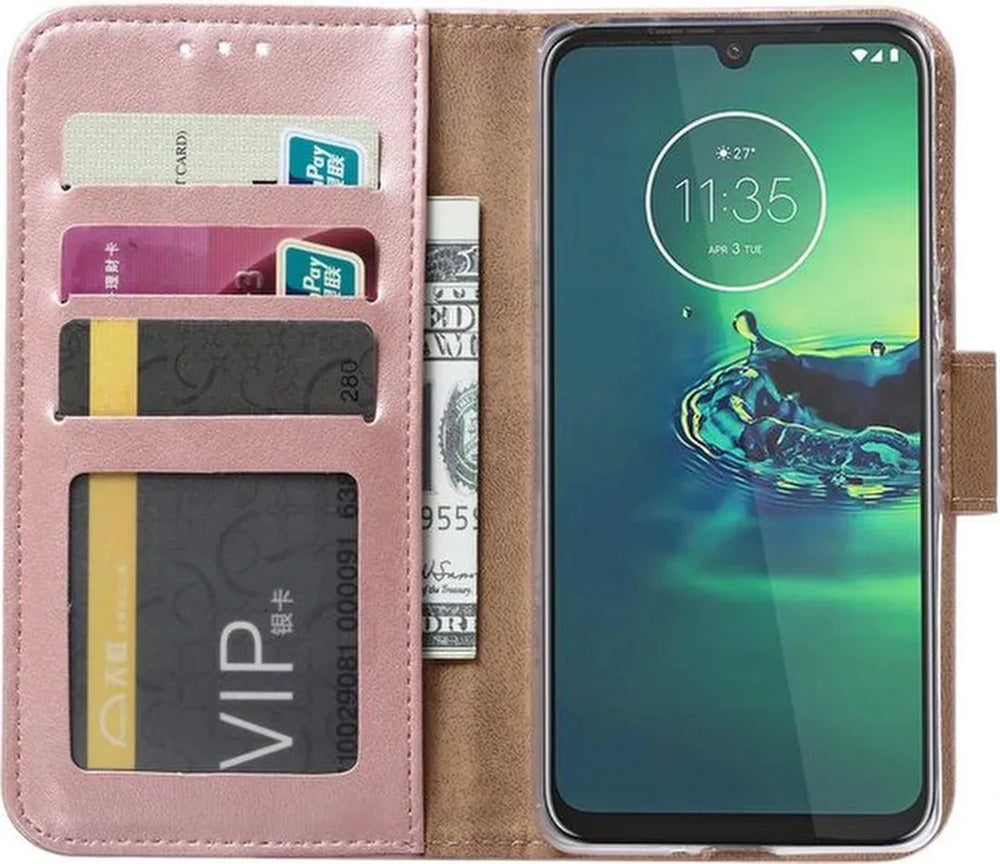 Motorola Moto G8 Plus Hoesjes – Portemonnee Backcover – Pasjeshouder – 2x Screenprotector – Roségoud-Ilumina Benelux