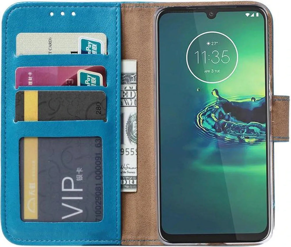 Motorola Moto G8 Plus Hoesjes – Portemonnee Hoes – Pasjeshouder – 2x Screenprotector – Turquoise-Ilumina Benelux
