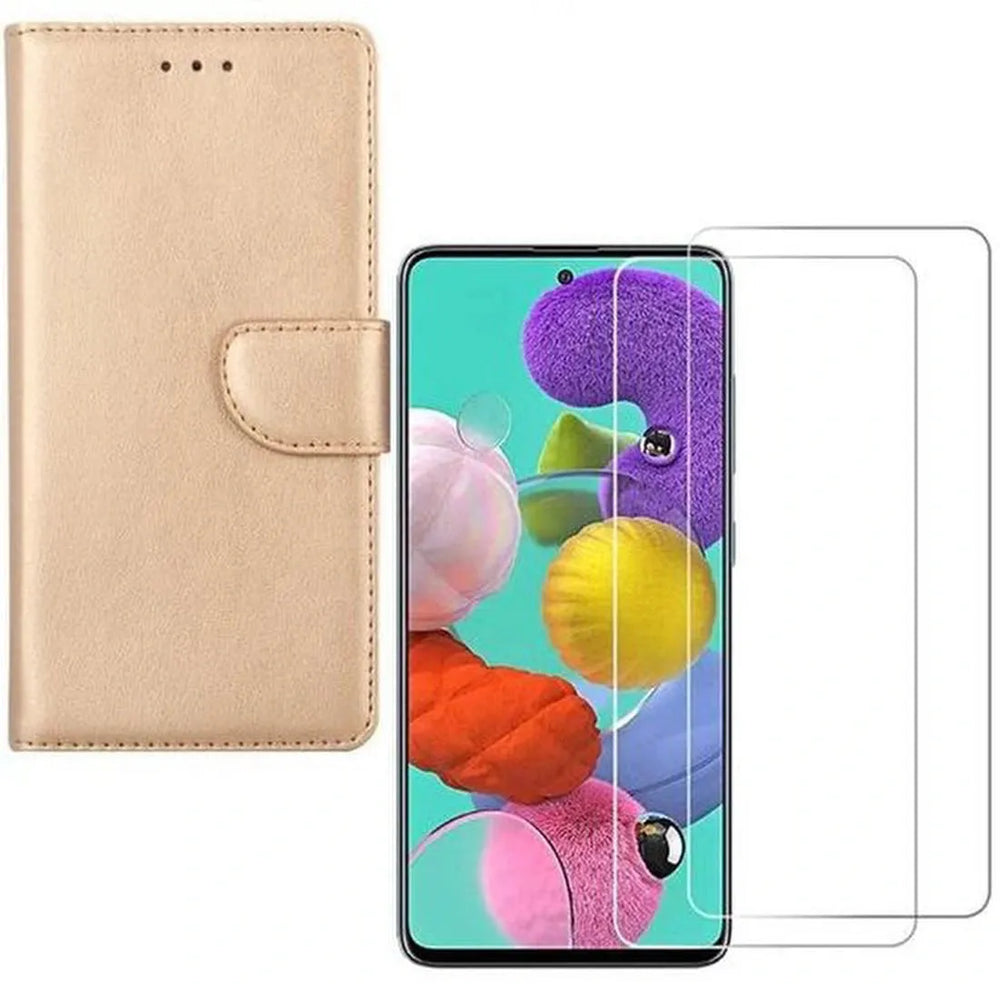 Samsung Galaxy A71 Hoesjes – Portemonnee Hoes – Magneetsluiting – 2x Gehard Glas Screenprotector – Goud-Ilumina Benelux