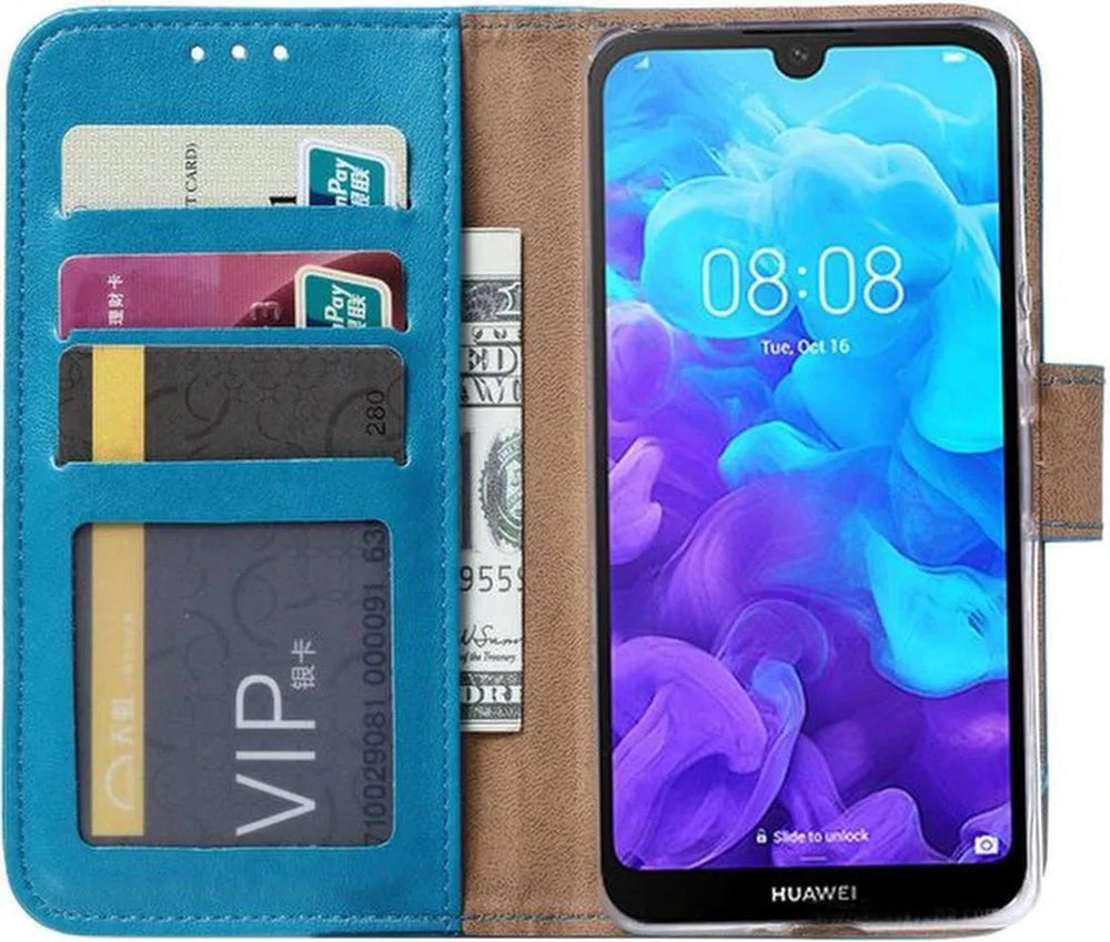 Huawei Y5 2019 Hoesjes – Portemonnee Backcover – Pasjeshouder – 2x Screenprotector – Turquoise-Ilumina Benelux