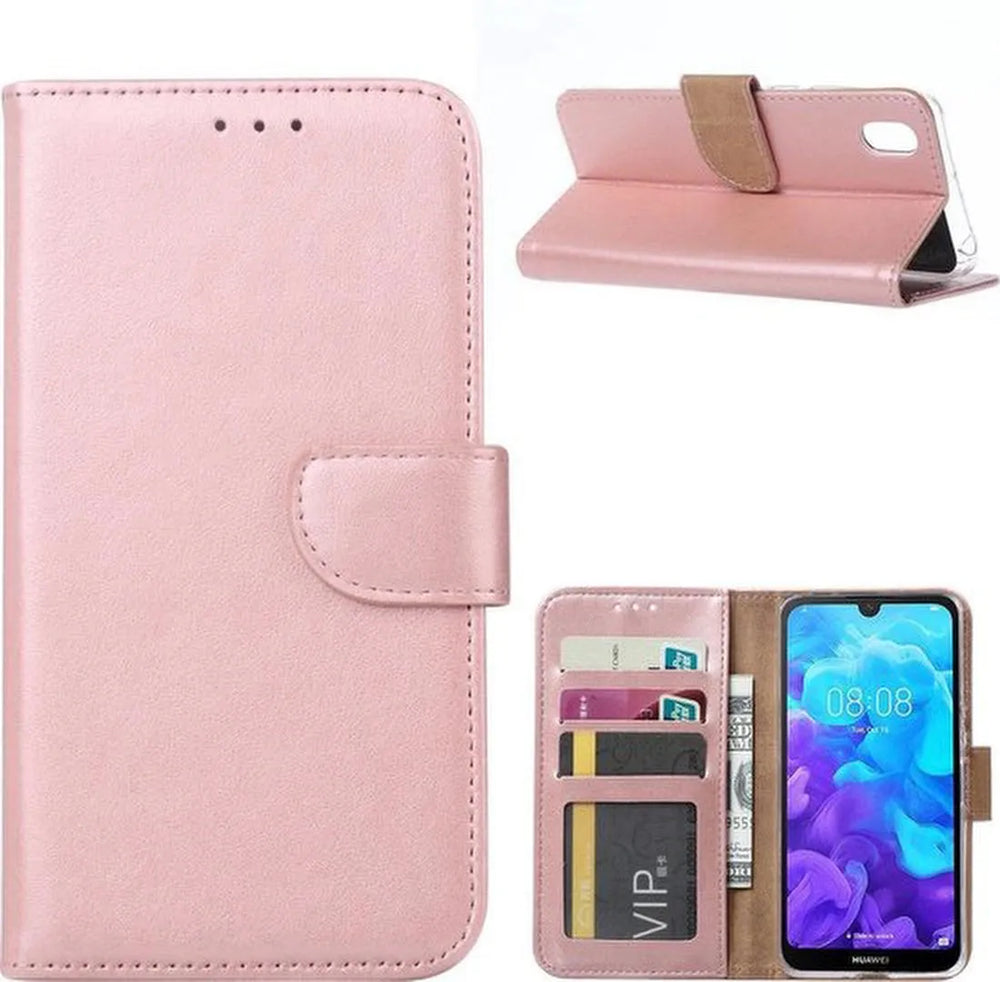 Huawei Y5 (2019) Hoesjes – Portemonnee Hoes – Pasjeshouder – Magneetsluiting – Roségoud + 2x Screenprotector-Ilumina Benelux