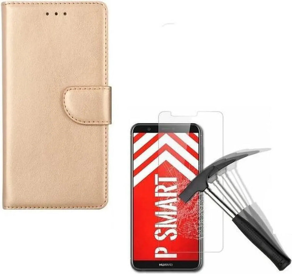 Huawei P Smart 2018 Hoesjes – Portemonnee Backcover – Pasjeshouder – 2x Screenprotector – Goud-Ilumina Benelux