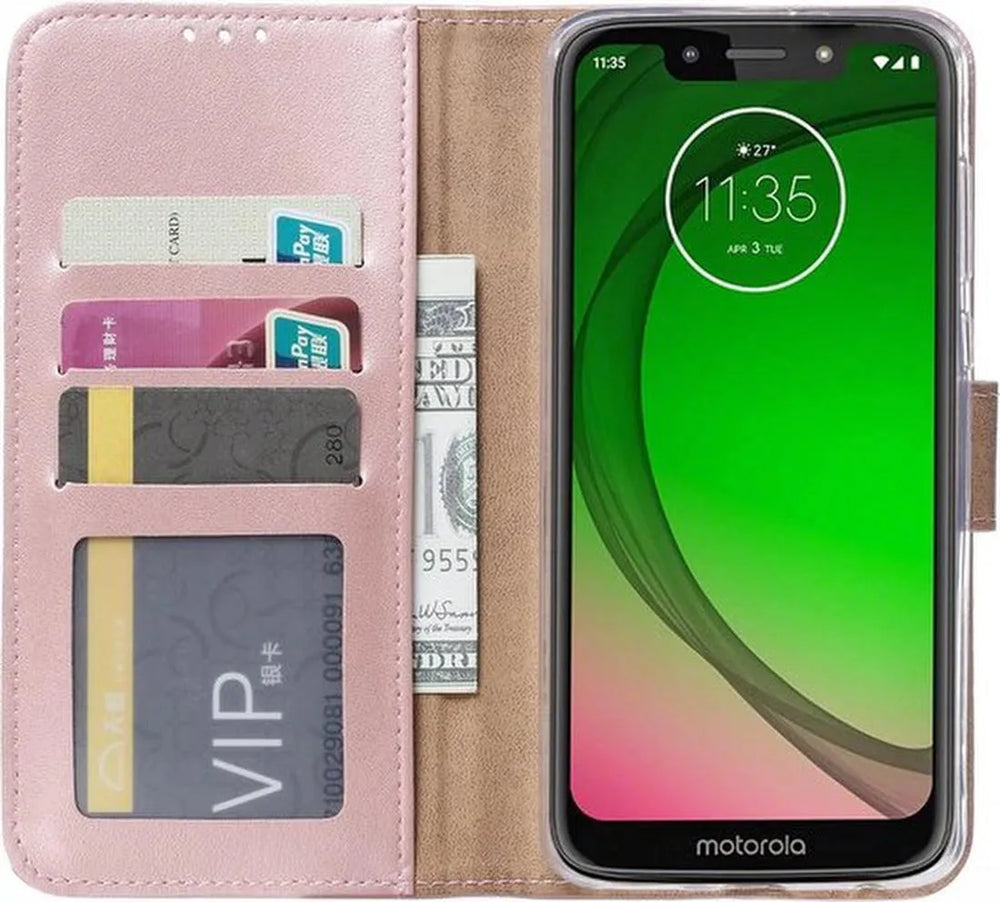 Motorola Moto G7 Play Hoesjes – Portemonnee Hoes – Pasjeshouder – Magneetsluiting – Roségoud + 2x Screenprotector-Ilumina Benelux
