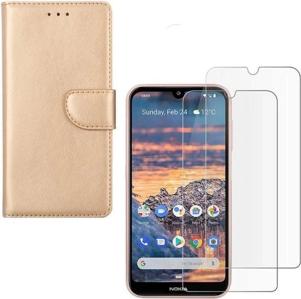 Nokia 2.3 Hoesjes – Portemonnee Hoes – Pasjeshouder – 2x Screenprotector – Goud-Ilumina Benelux