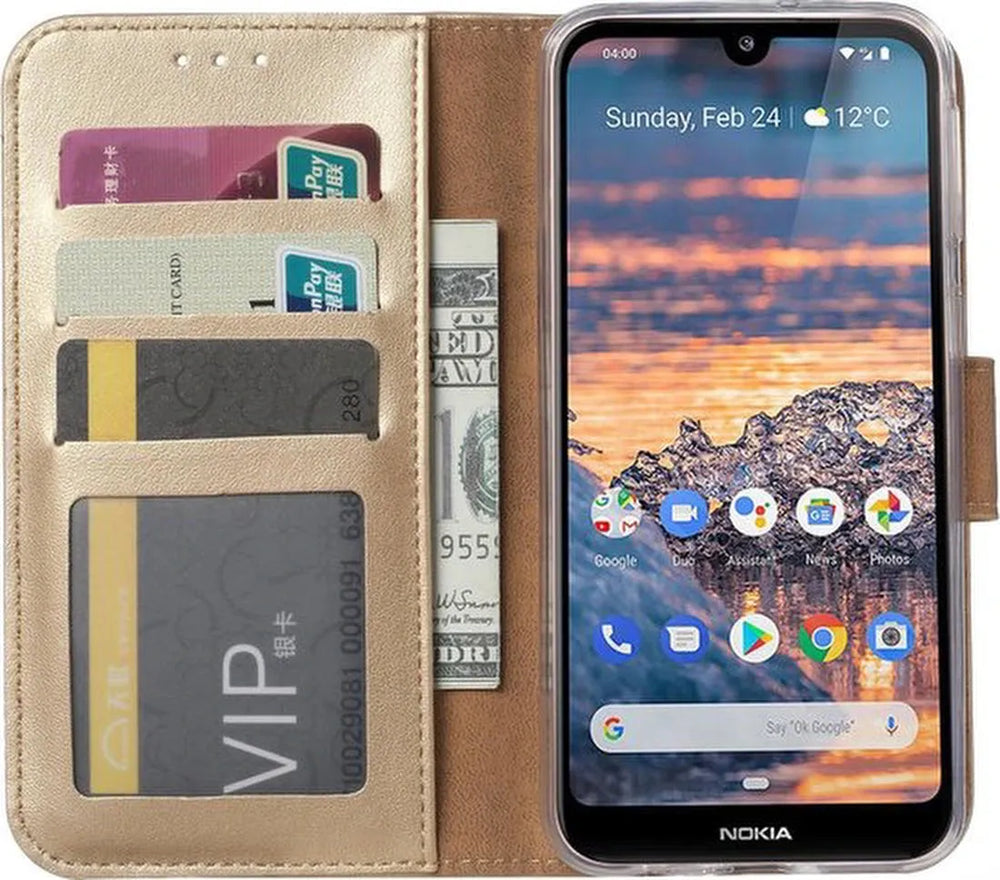 Nokia 2.3 Hoesjes – Portemonnee Hoes – Pasjeshouder – 2x Screenprotector – Goud-Ilumina Benelux
