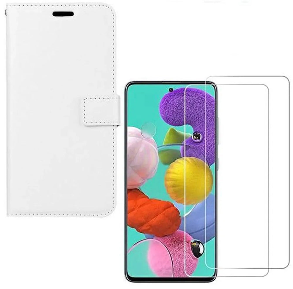 Samsung Galaxy A51 Hoesjes – Bookcase Portemonnee – Pasjeshouder – 2x Gehard Glas Screenprotector – Wit-Ilumina Benelux