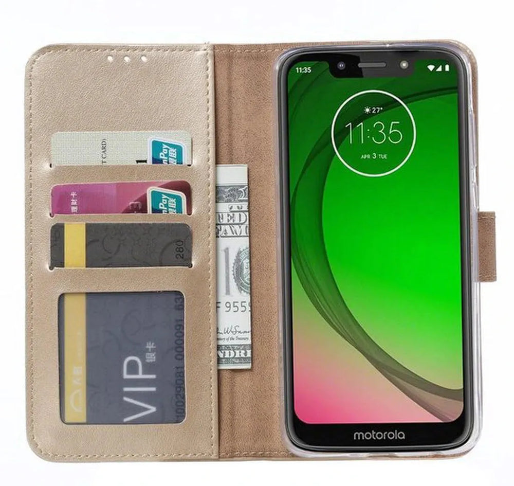 Motorola Moto G7 Play Hoesjes – Portemonnee Backcover – Magneetsluiting – 2x Screenprotector – Goud-Ilumina Benelux