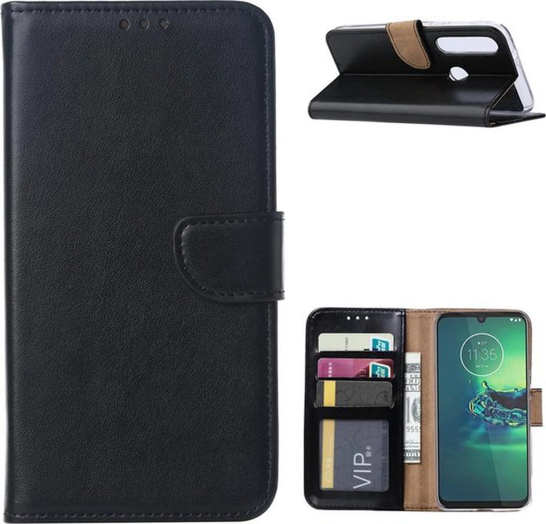Motorola Moto G8 Plus Hoesjes – Portemonnee Hoes – Pasjeshouder – 2x Screenprotector – Zwart