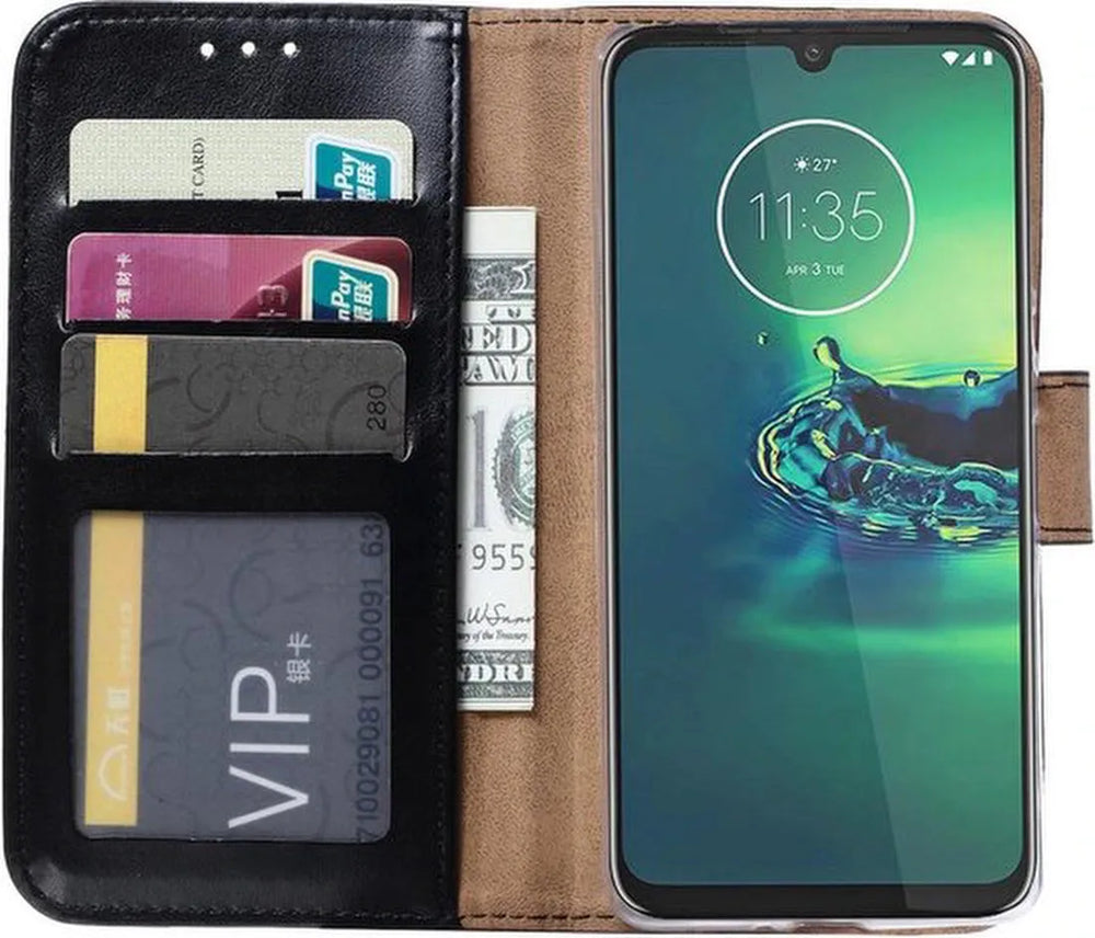 Motorola Moto G8 Plus Hoesjes – Portemonnee Hoes – Pasjeshouder – 2x Screenprotector – Zwart-Ilumina Benelux
