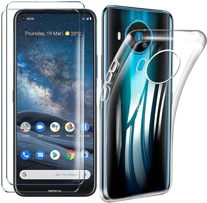 Nokia 8.3 Hoesjes – Transparante TPU Siliconen Backcover – 2x Screenprotector Gehard Glas – Anti-kras-Ilumina Benelux