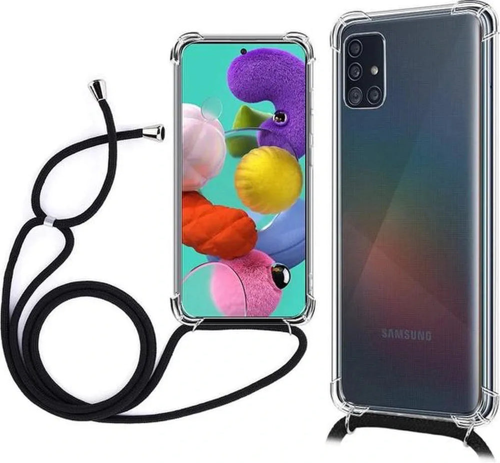 Samsung Galaxy A71 Hoesjes – Backcover met koord – Schokbestendig – Schouder/nek draagriem – Zwart-Ilumina Benelux