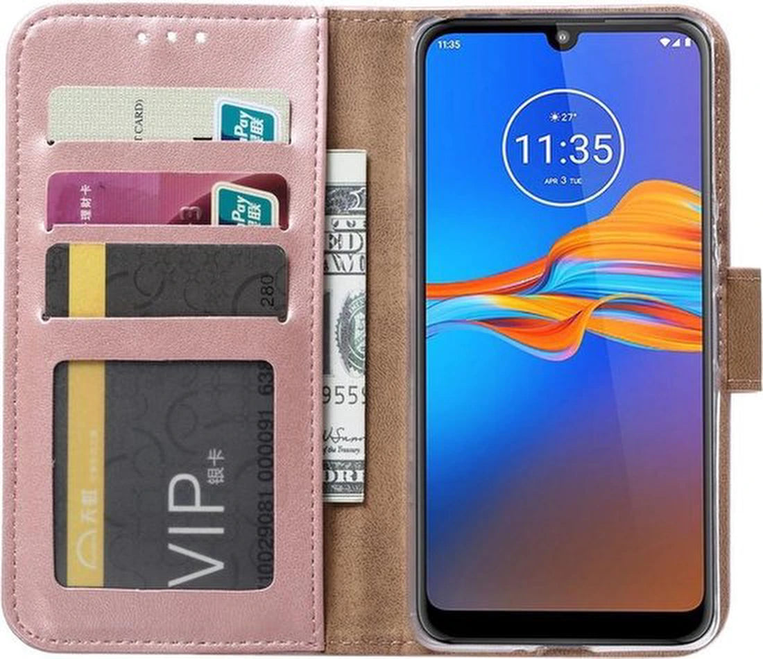 Motorola Moto E6S Hoesjes – Portemonnee Backcover – Pasjeshouder – 2x Screenprotector – Roségoud