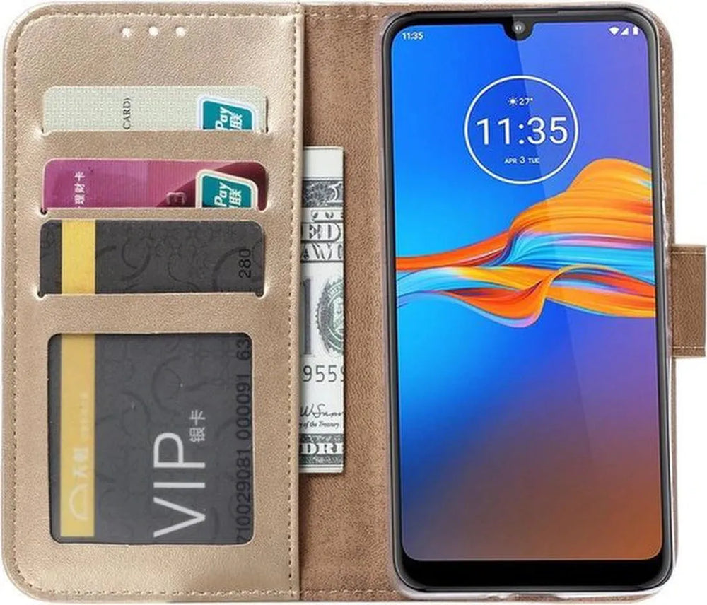 Motorola Moto E6S Hoesjes – Portemonnee Backcover – Magneetsluiting – 2x Screenprotector – Goud-Ilumina Benelux