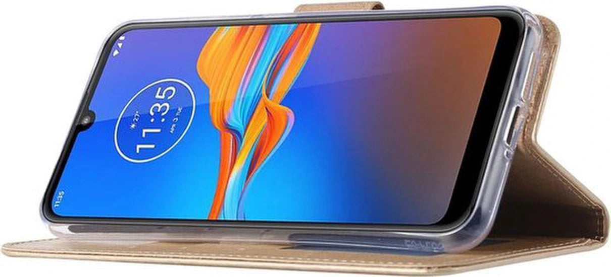 Motorola Moto E6S Hoesjes – Portemonnee Backcover – Magneetsluiting – 2x Screenprotector – Goud