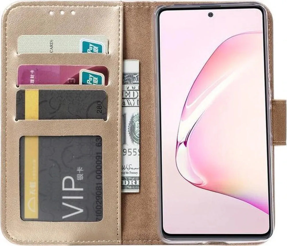 Samsung Galaxy Note 10 Lite Hoesjes – Portemonnee Hoes – Magneetsluiting – 2x Gehard Glas Screenprotector – Goud-Ilumina Benelux