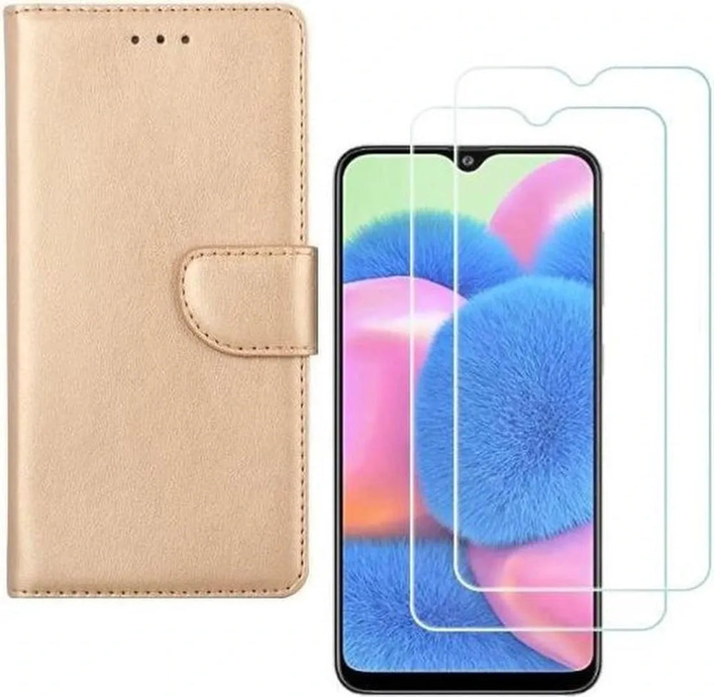 Samsung Galaxy A50S Hoesjes – Portemonnee Bookcase – Magneetsluiting – 2x Gehard Glas Screenprotector – Goud-Ilumina Benelux