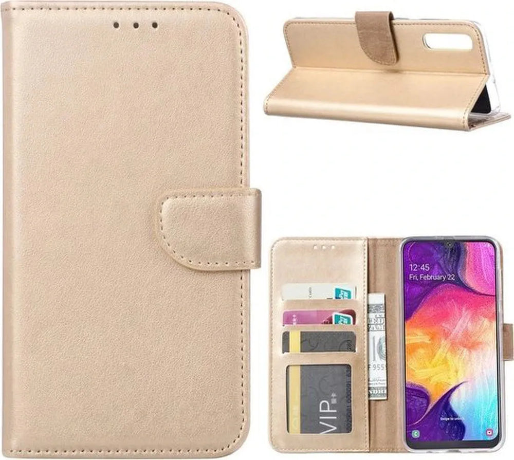Samsung Galaxy A50S Hoesjes – Portemonnee Bookcase – Magneetsluiting – 2x Gehard Glas Screenprotector – Goud-Ilumina Benelux