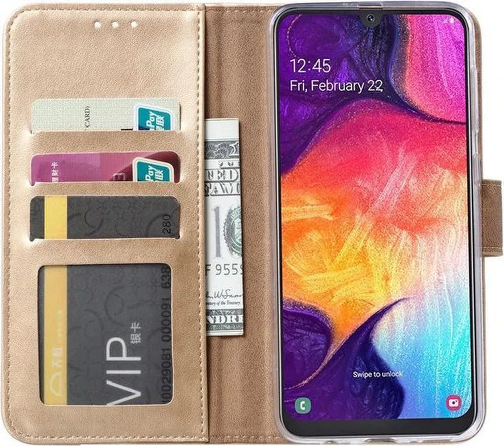 Samsung Galaxy A50S Hoesjes – Portemonnee Bookcase – Magneetsluiting – 2x Gehard Glas Screenprotector – Goud-Ilumina Benelux