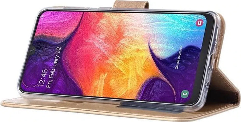 Samsung Galaxy A50S Hoesjes – Portemonnee Bookcase – Magneetsluiting – 2x Gehard Glas Screenprotector – Goud-Ilumina Benelux