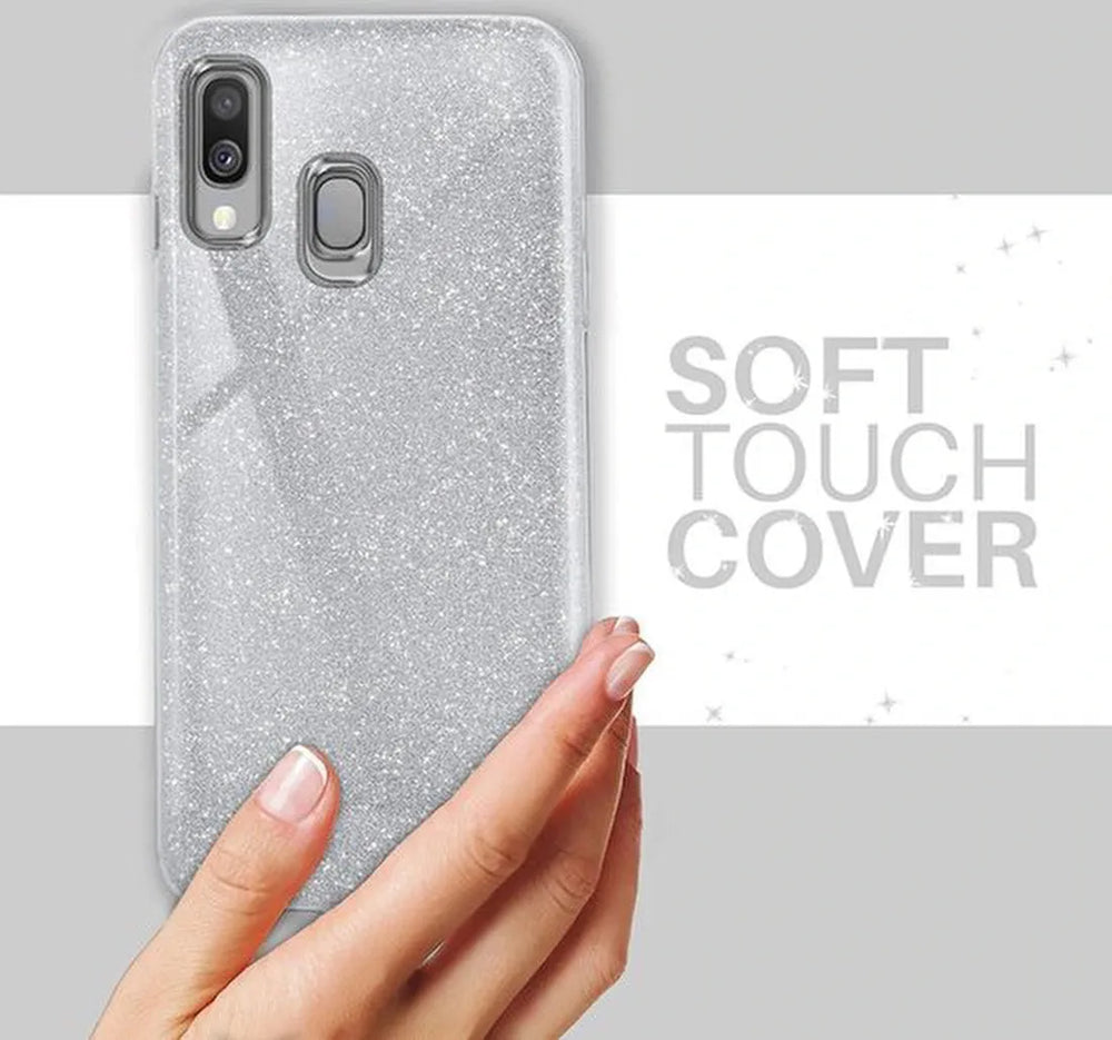 Samsung Galaxy A40 Hoesjes – Siliconen TPU Backcover – Glitter BlingBling – Schokbestendig – Zilver-Ilumina Benelux