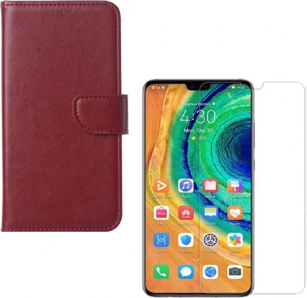 Huawei Mate 30 Pro Hoesjes – Portemonnee Backcover – Magneetsluiting & Pasjeshouder – 2x Screenprotector – Bordeaux Rood-Ilumina Benelux
