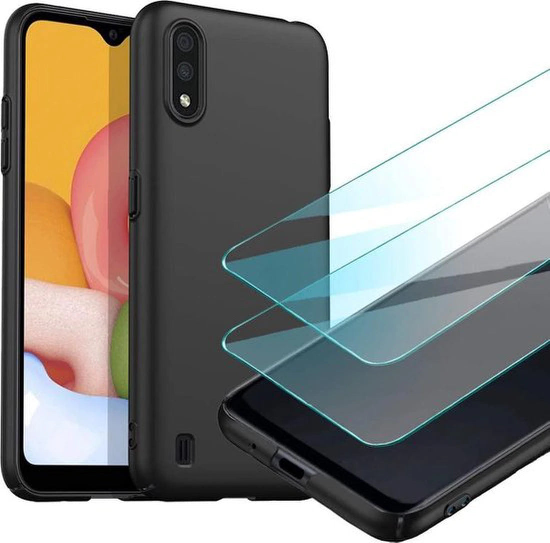 Samsung Galaxy A01 Hoesjes – TPU Siliconen Backcover – 2x Gehard Glas Screenprotector – Zwart