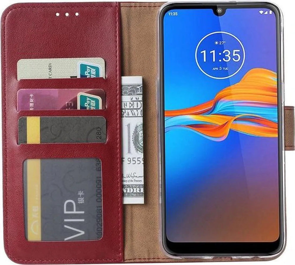 Motorola Moto E6S Hoesjes – Portemonnee Hoes – Pasjeshouder – 2x Screenprotector – Bordeaux Rood-Ilumina Benelux
