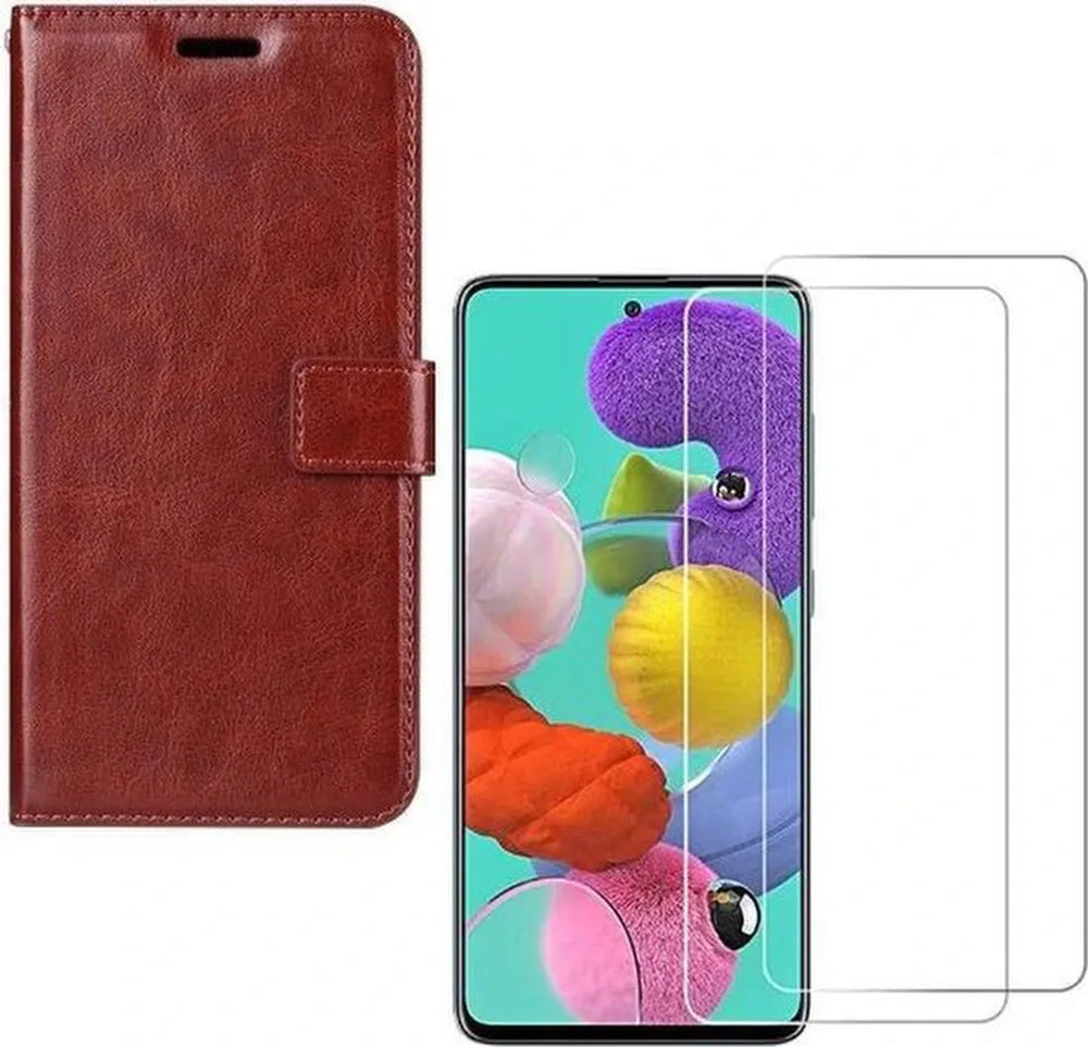 Samsung Galaxy A81 Hoesjes – Portemonnee Hoes – Magneetsluiting – 2x Gehard Glas Screenprotector – Bruin-Ilumina Benelux