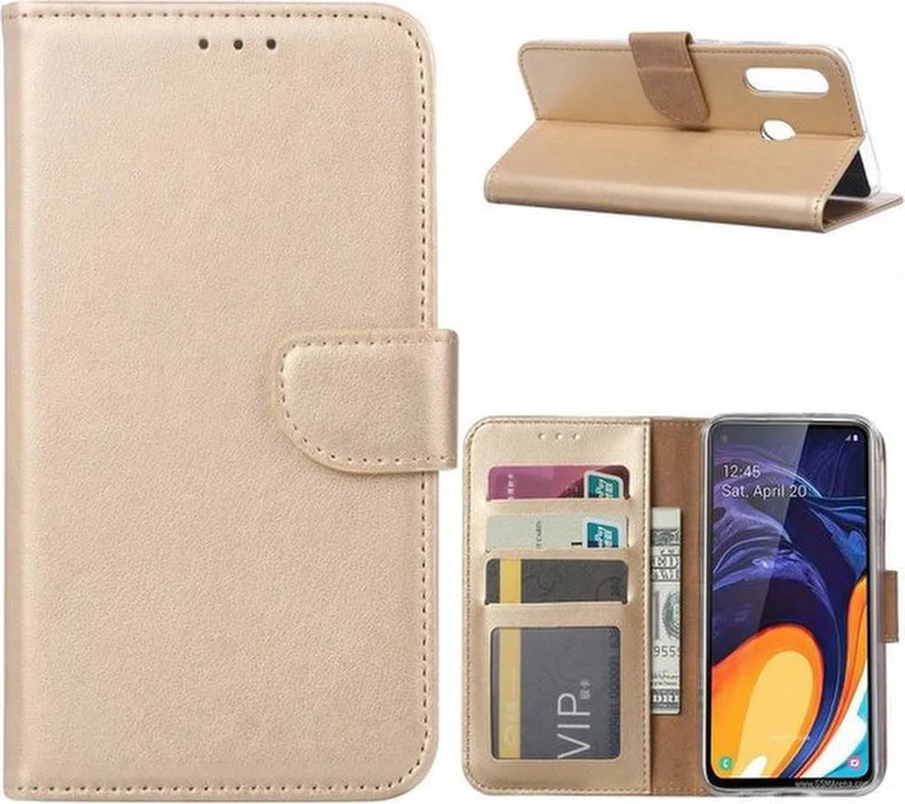 Samsung Galaxy A60 Hoesjes – Bookcase Portemonnee Hoes – Pasjeshouder – Magneetsluiting – Goud-Ilumina Benelux