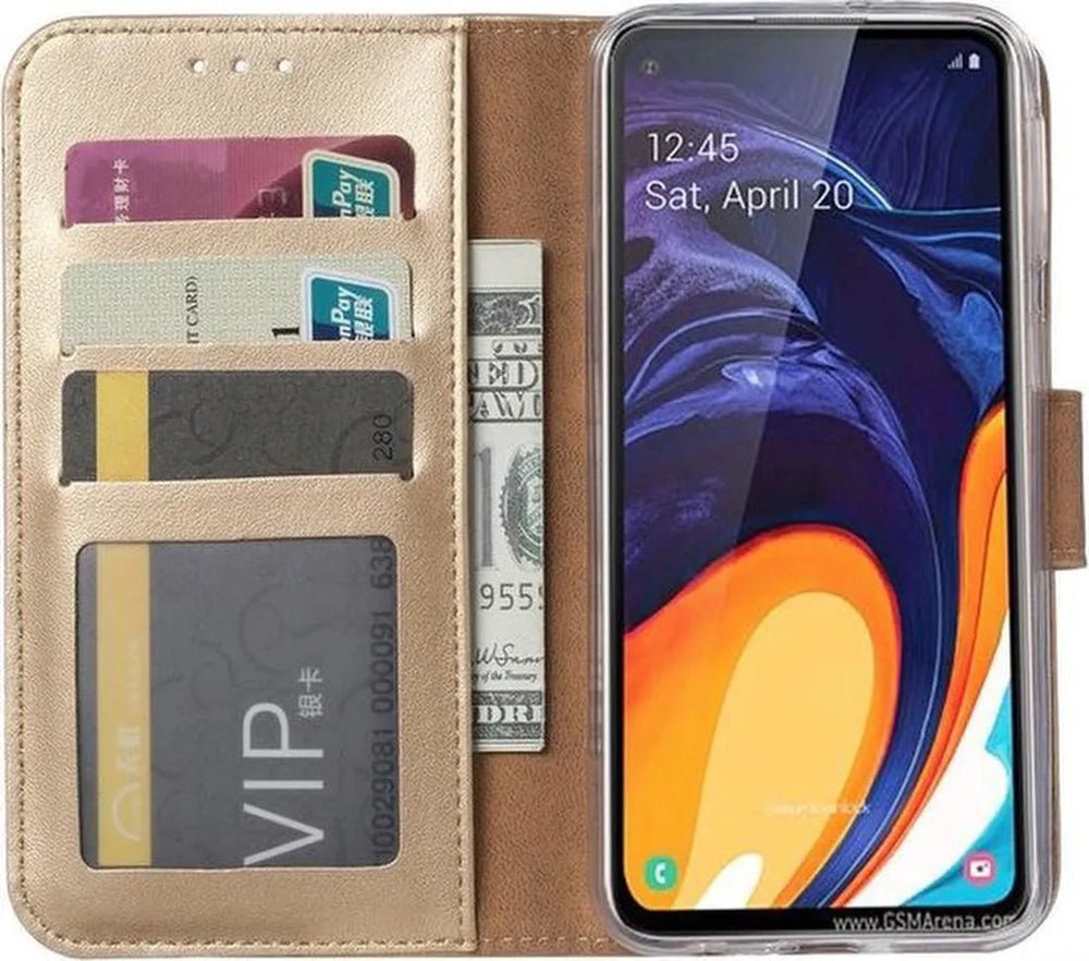 Samsung Galaxy A60 Hoesjes – Bookcase Portemonnee Hoes – Pasjeshouder – Magneetsluiting – Goud-Ilumina Benelux