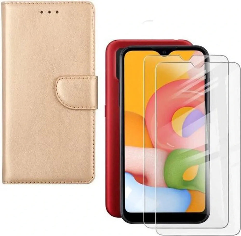 Samsung Galaxy M10 Hoesjes – Portemonnee Hoes – Magneetsluiting – Pasjeshouder – Goud + 2x Gehard Glas Screenprotector-Ilumina Benelux