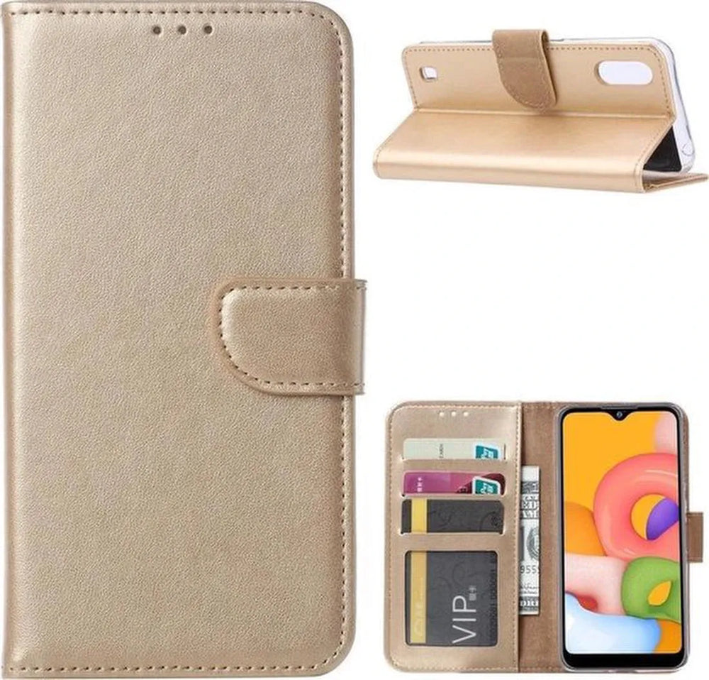 Samsung Galaxy M10 Hoesjes – Portemonnee Hoes – Magneetsluiting – Pasjeshouder – Goud + 2x Gehard Glas Screenprotector-Ilumina Benelux
