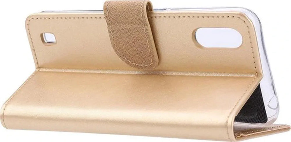 Samsung Galaxy M10 Hoesjes – Portemonnee Hoes – Magneetsluiting – Pasjeshouder – Goud + 2x Gehard Glas Screenprotector-Ilumina Benelux