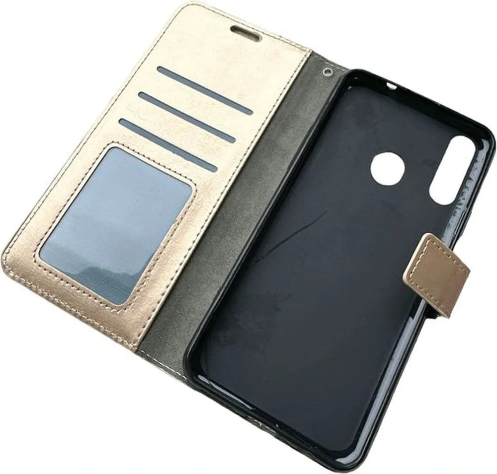 Motorola Moto E6S Hoesjes – Portemonnee Bookcase – Pasjeshouder – Magneetsluiting – Goud-Ilumina Benelux
