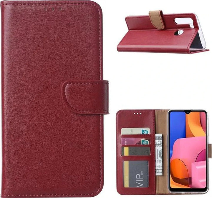 Samsung Galaxy A21 Hoesjes – Portemonnee Hoes – Magneetsluiting – Inclusief 2x Gehard Glas Screenprotector – Bordeaux-Ilumina Benelux