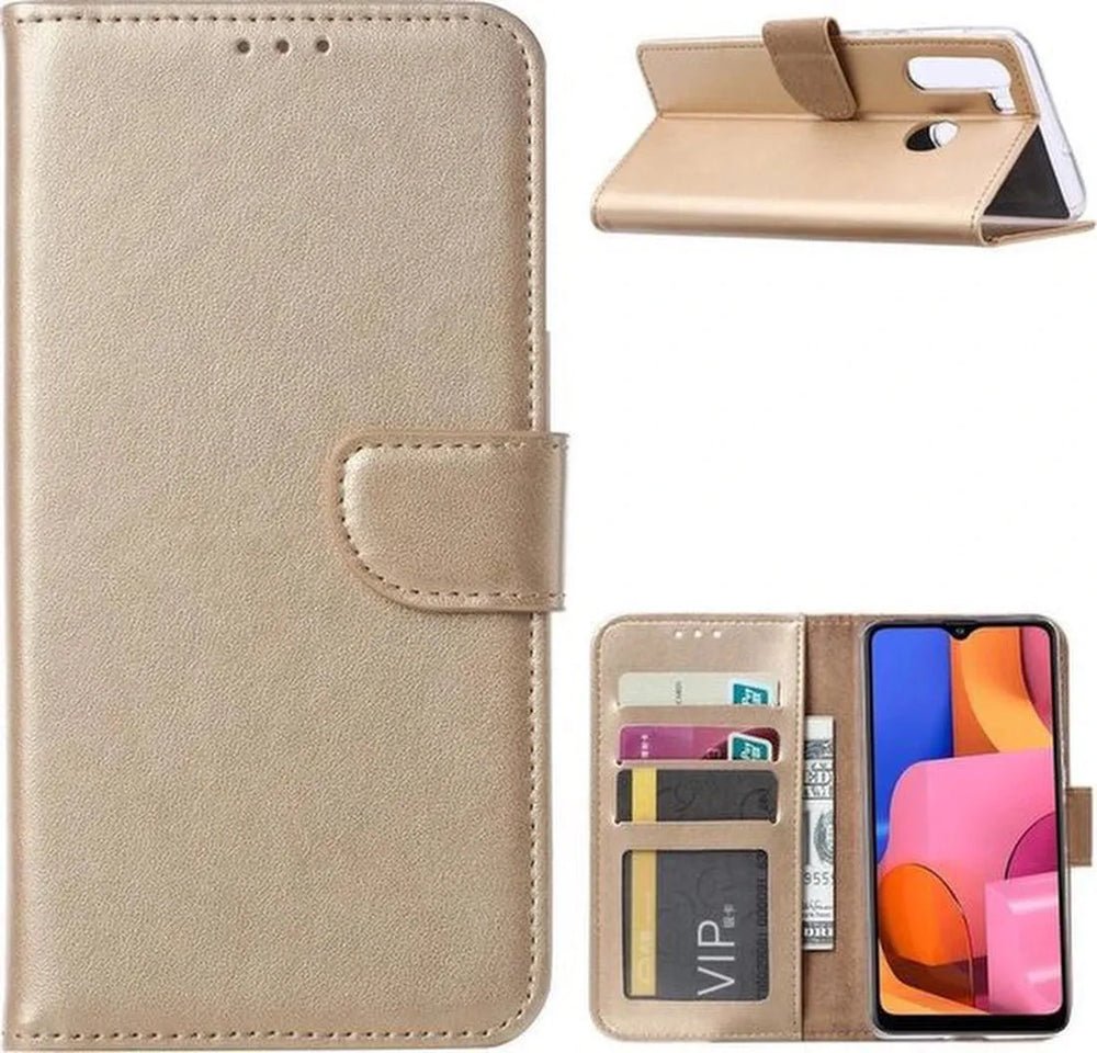 Samsung Galaxy A21 Hoesjes – Portemonnee Hoes – Magneetsluiting – Inclusief 2x Gehard Glas Screenprotector – Goud-Ilumina Benelux