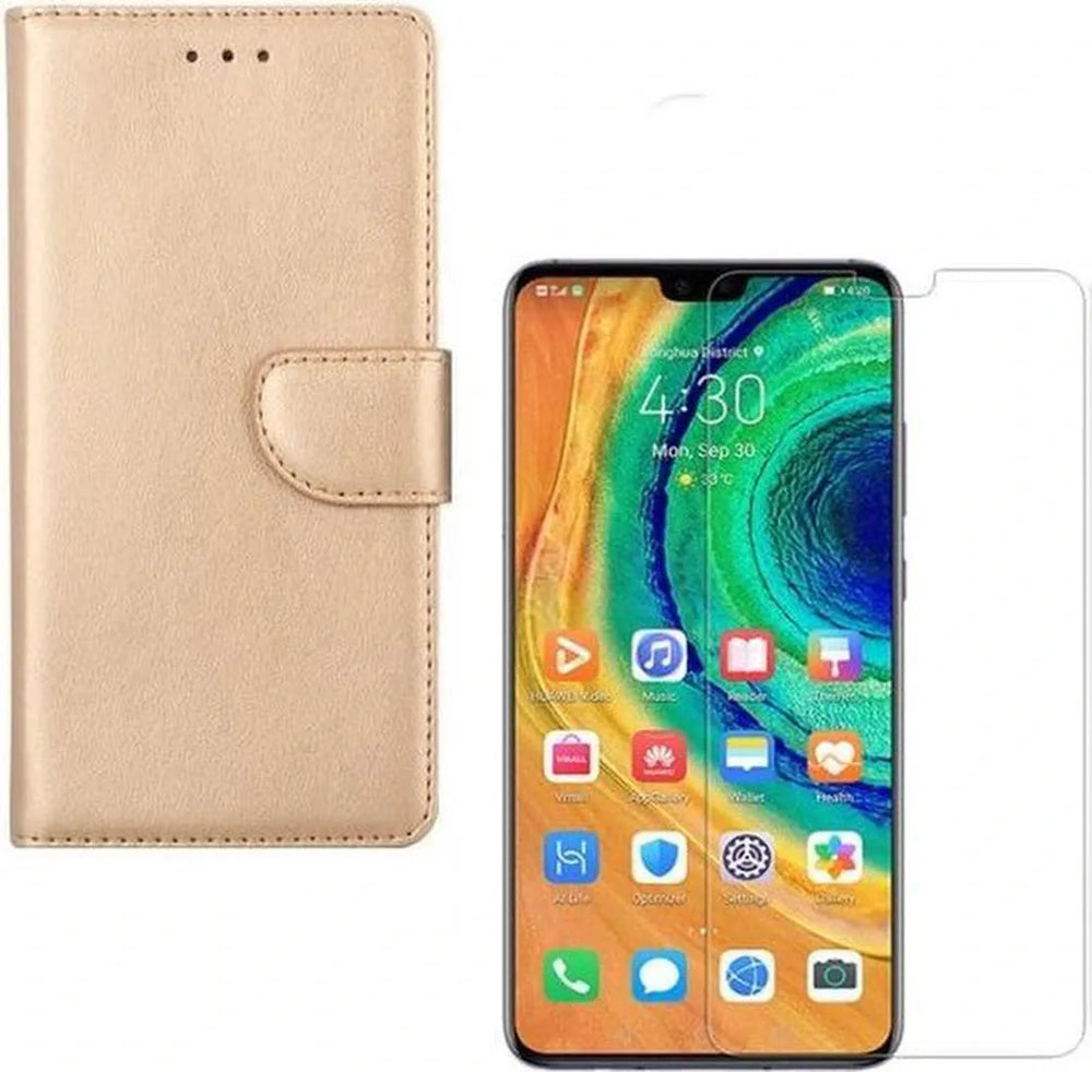 Huawei Mate 30 Pro Hoesjes – Portemonnee Backcover – Pasjeshouder – 2x Screenprotector – Goud-Ilumina Benelux