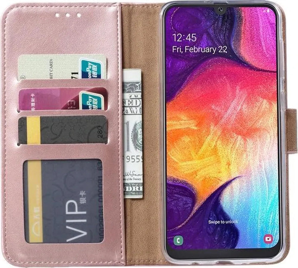 Samsung Galaxy A50S Hoesjes – Bookcase Portemonnee – Magneetsluiting – 2x Gehard Glas Screenprotector – Roségoud-Ilumina Benelux