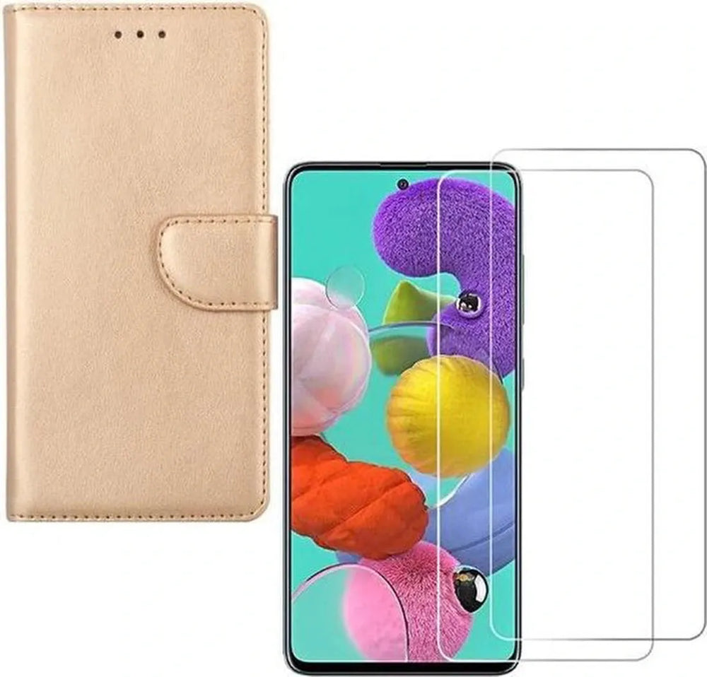 Samsung Galaxy S10 Lite Hoesjes – Bookcase Portemonnee – Magneetsluiting – 2x Gehard Glas Screenprotector – Goud-Ilumina Benelux