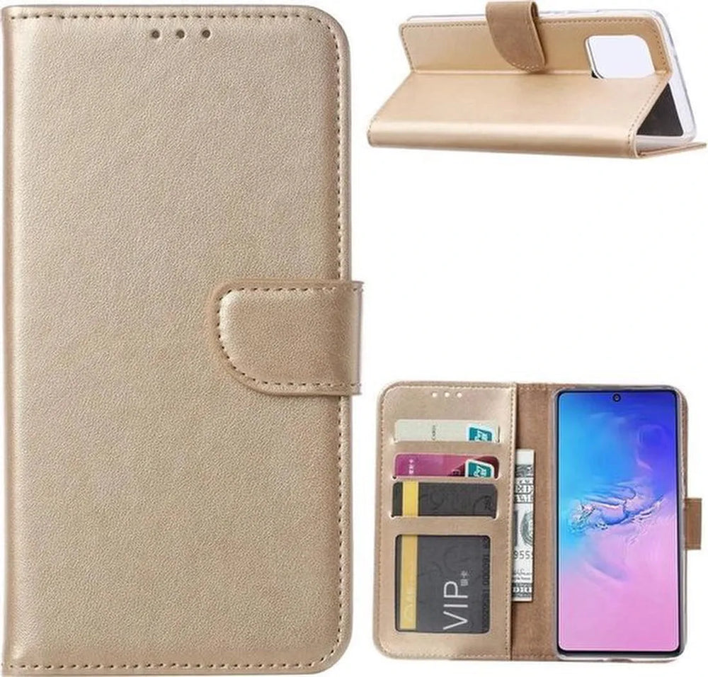 Samsung Galaxy S10 Lite Hoesjes – Bookcase Portemonnee – Magneetsluiting – 2x Gehard Glas Screenprotector – Goud-Ilumina Benelux
